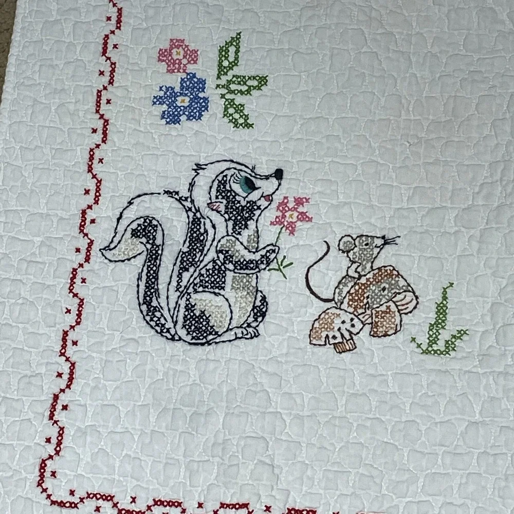 Vintage Bambi Cross Stitch Crib Quilt Handmade Thumper‎ Flower Baby 33 x 52 Inch